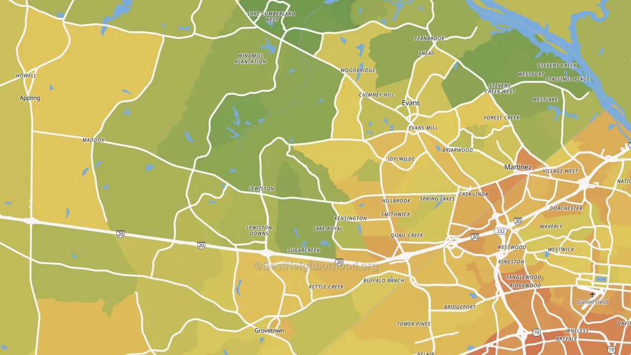Map of the best neighborhoods in the Columbia County area, with better matches in green and worse matches in red