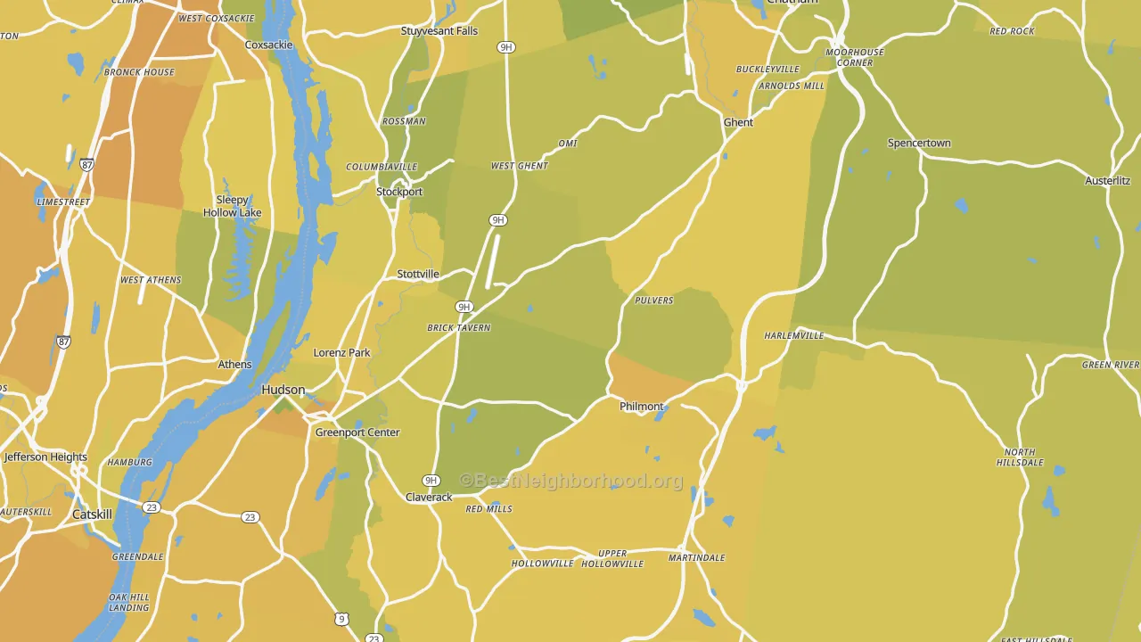 Map of the best neighborhoods in the Columbia County area, with better matches in green and worse matches in red