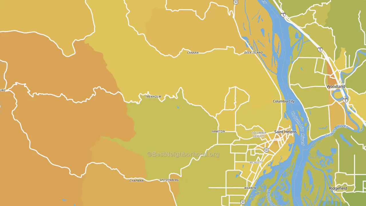 Map of the best neighborhoods in the Columbia County area, with better matches in green and worse matches in red