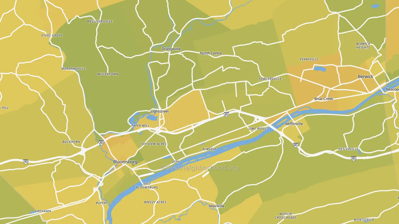 Map of the best neighborhoods in the Columbia County area, with better matches in green and worse matches in red