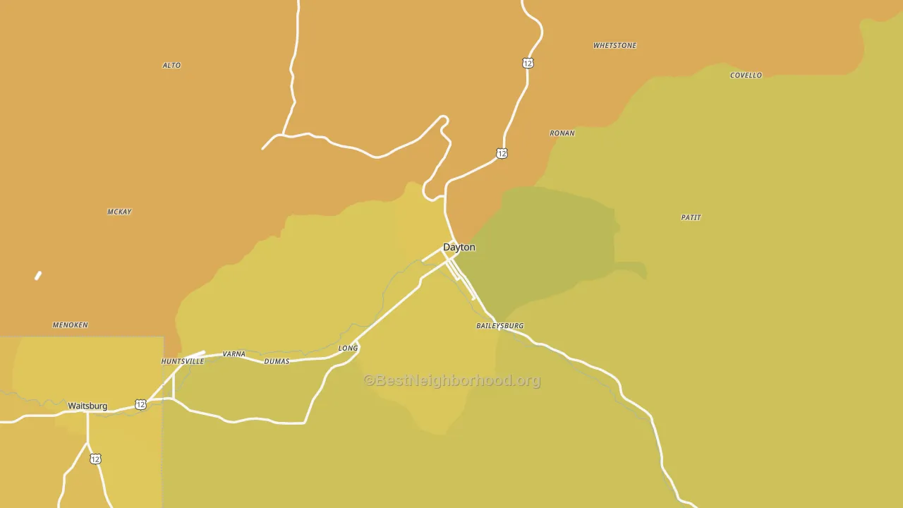 Map of the best neighborhoods in the Columbia County area, with better matches in green and worse matches in red