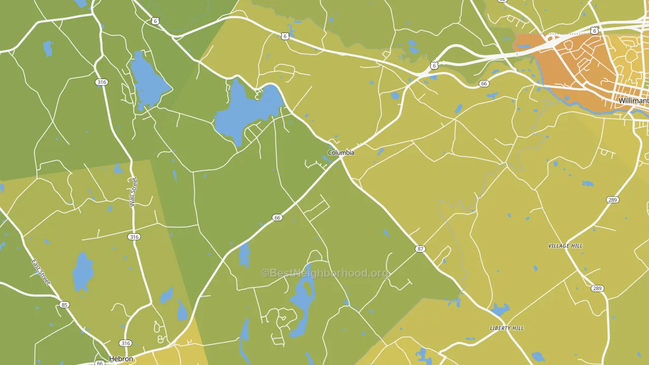 Map of the best neighborhoods in the Columbia area, with better matches in green and worse matches in red