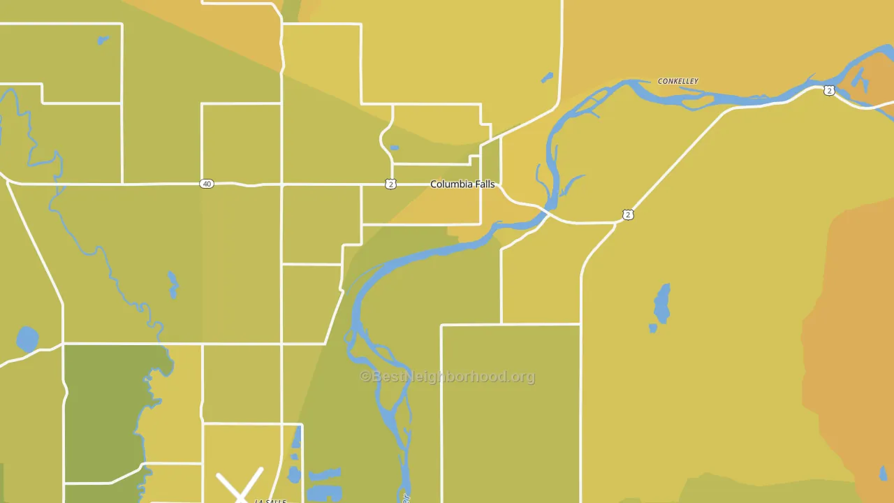 Map of the best neighborhoods in the Columbia Falls area, with better matches in green and worse matches in red