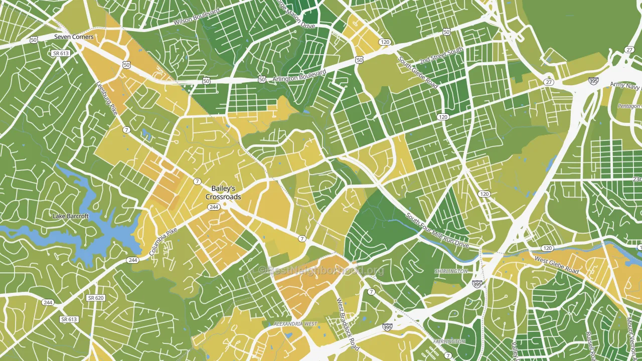 Map of the best neighborhoods in the Columbia Forest, Arlington area, with better matches in green and worse matches in red