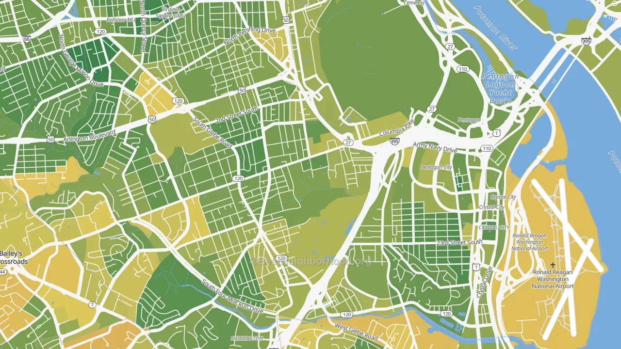 Map of the best neighborhoods in the Columbia Heghts, Arlington area, with better matches in green and worse matches in red