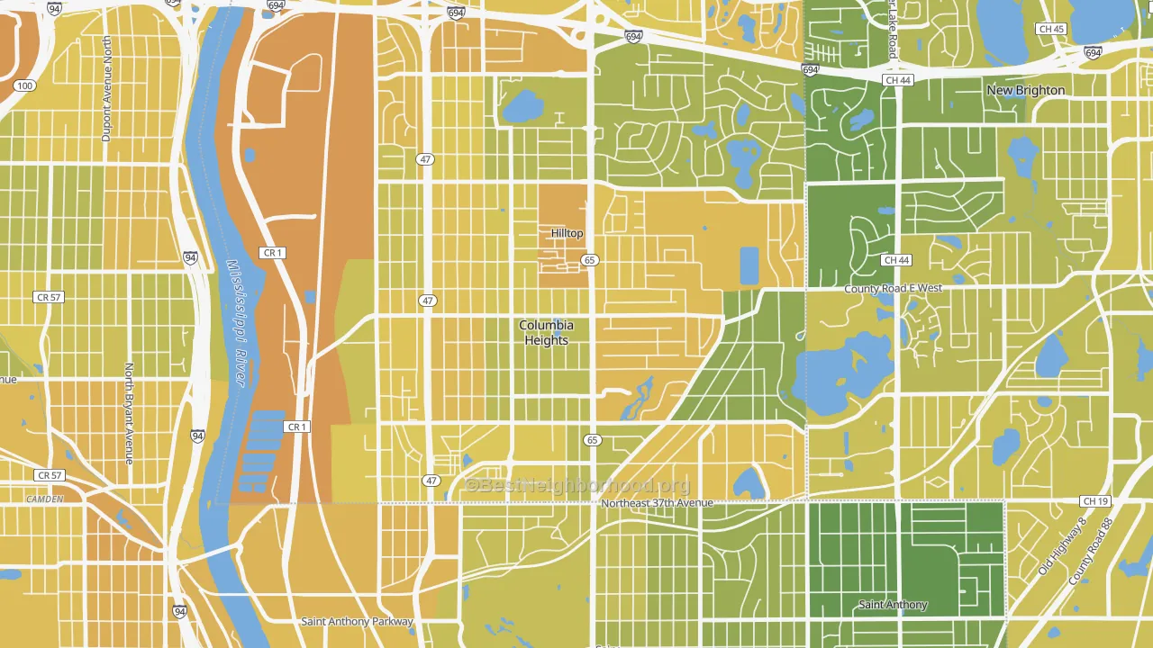 Map of the best neighborhoods in the Columbia Heights area, with better matches in green and worse matches in red