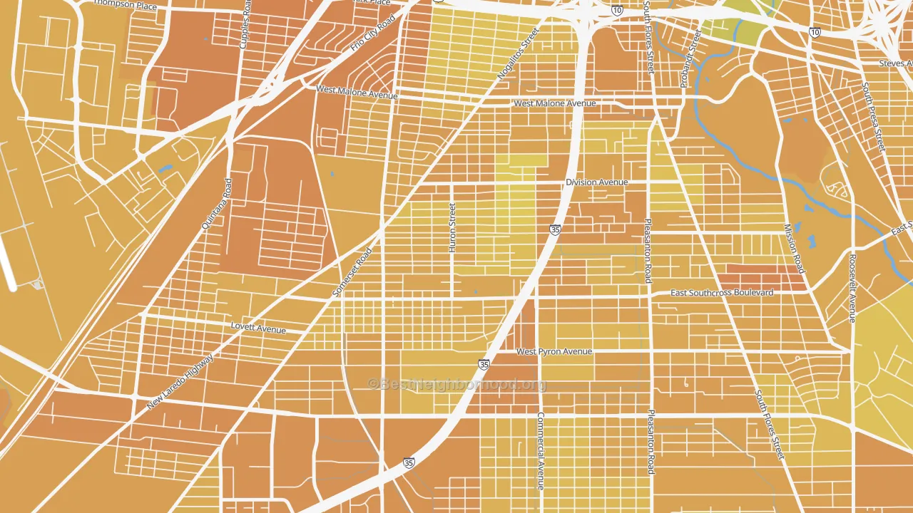Map of the best neighborhoods in the Columbia Heights, San Antonio area, with better matches in green and worse matches in red