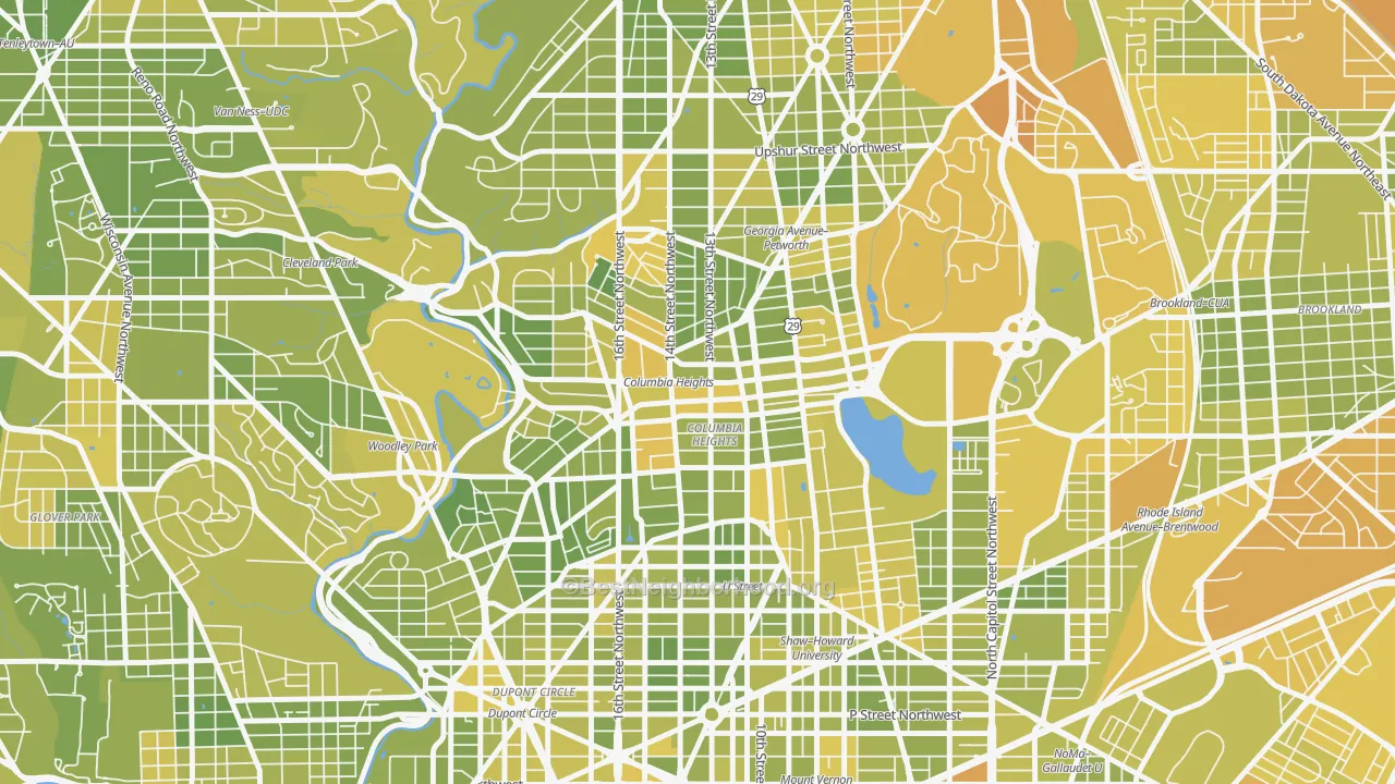 Map of the best neighborhoods in the Columbia Heights, Washington area, with better matches in green and worse matches in red