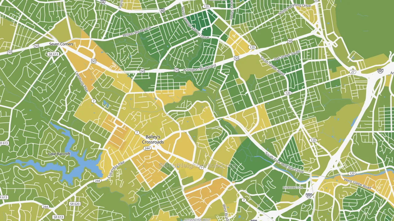 Map of the best neighborhoods in the Columbia Heights West, Arlington area, with better matches in green and worse matches in red