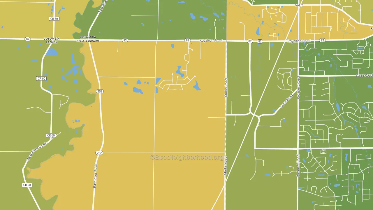 Map of the best neighborhoods in the Columbia Hills Corners area, with better matches in green and worse matches in red