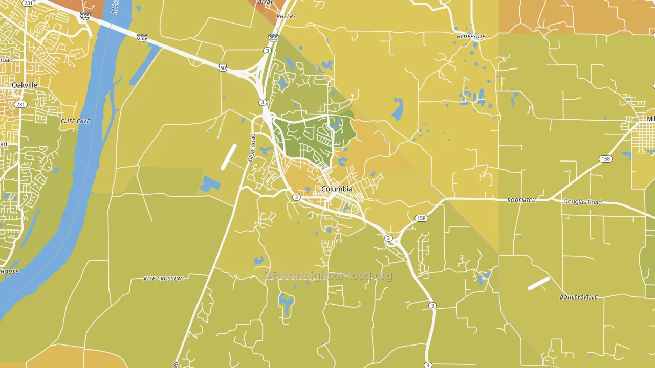 Map of the best neighborhoods in the Columbia area, with better matches in green and worse matches in red