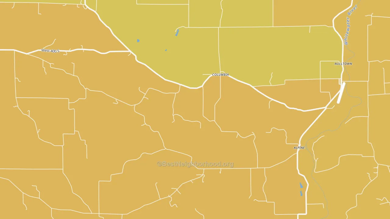Map of the best neighborhoods in the Columbia area, with better matches in green and worse matches in red