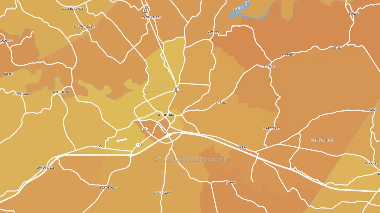 Map of the best neighborhoods in the Columbia area, with better matches in green and worse matches in red