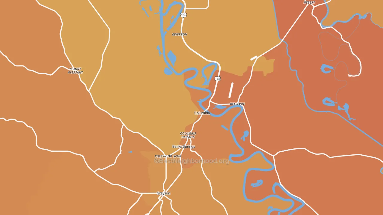 Map of the best neighborhoods in the Columbia area, with better matches in green and worse matches in red