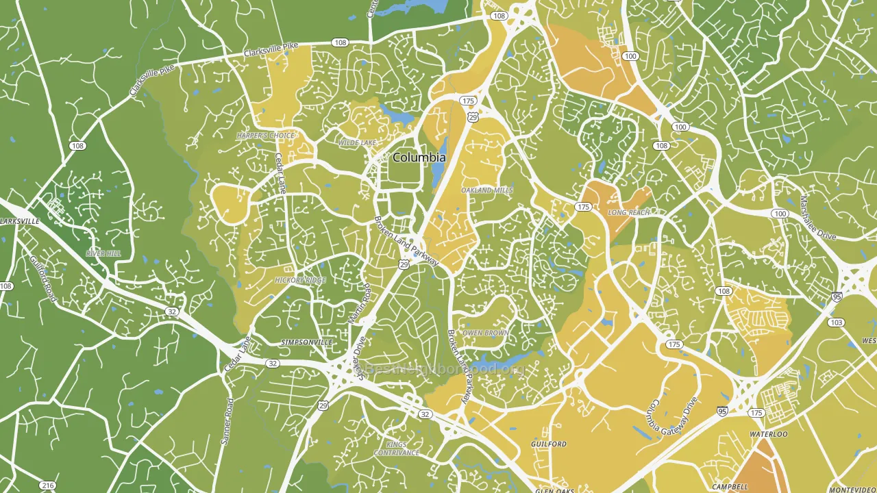 Map of the best neighborhoods in the Columbia area, with better matches in green and worse matches in red