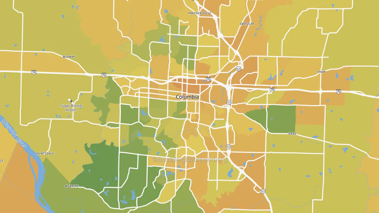 Map of the best neighborhoods in the Columbia Metro area, with better matches in green and worse matches in red