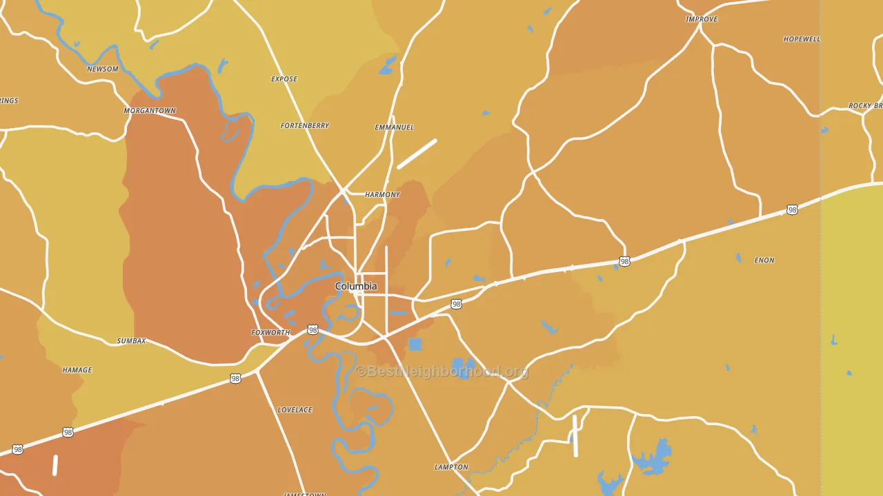 Map of the best neighborhoods in the Columbia area, with better matches in green and worse matches in red