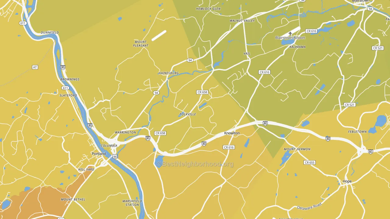 Map of the best neighborhoods in the Columbia area, with better matches in green and worse matches in red