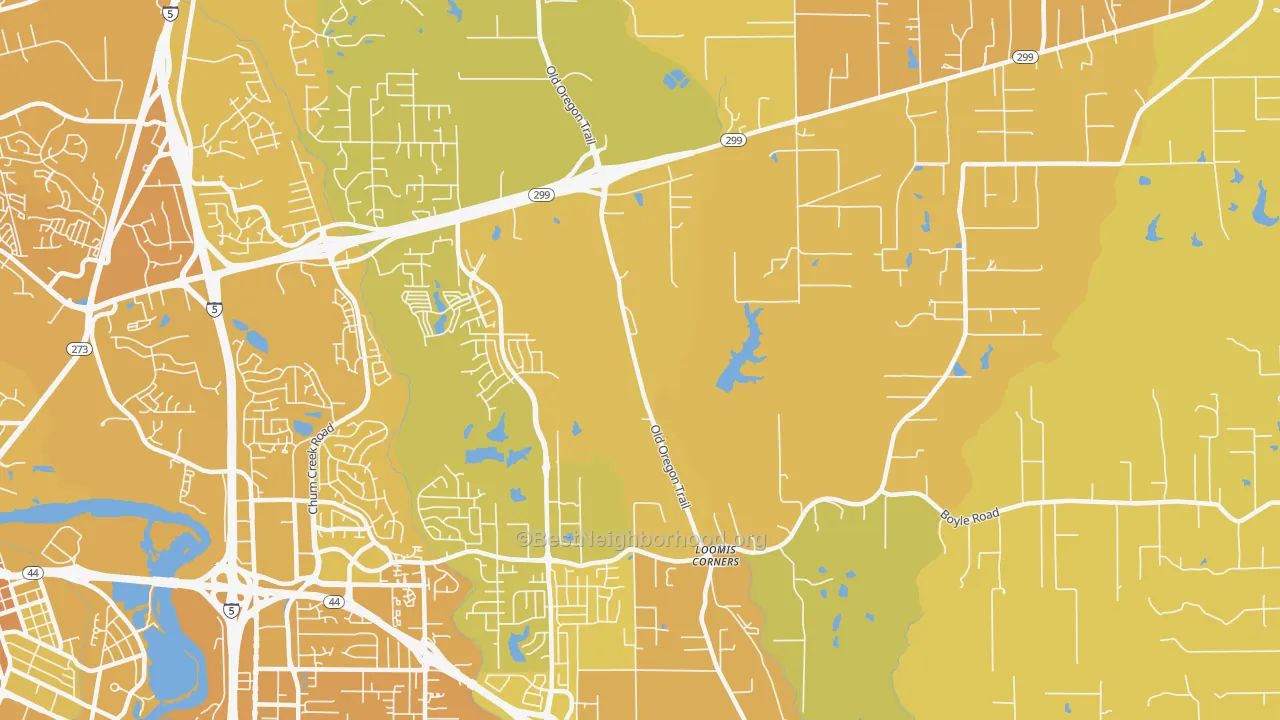 Map of the best neighborhoods in the Columbia, Redding area, with better matches in green and worse matches in red