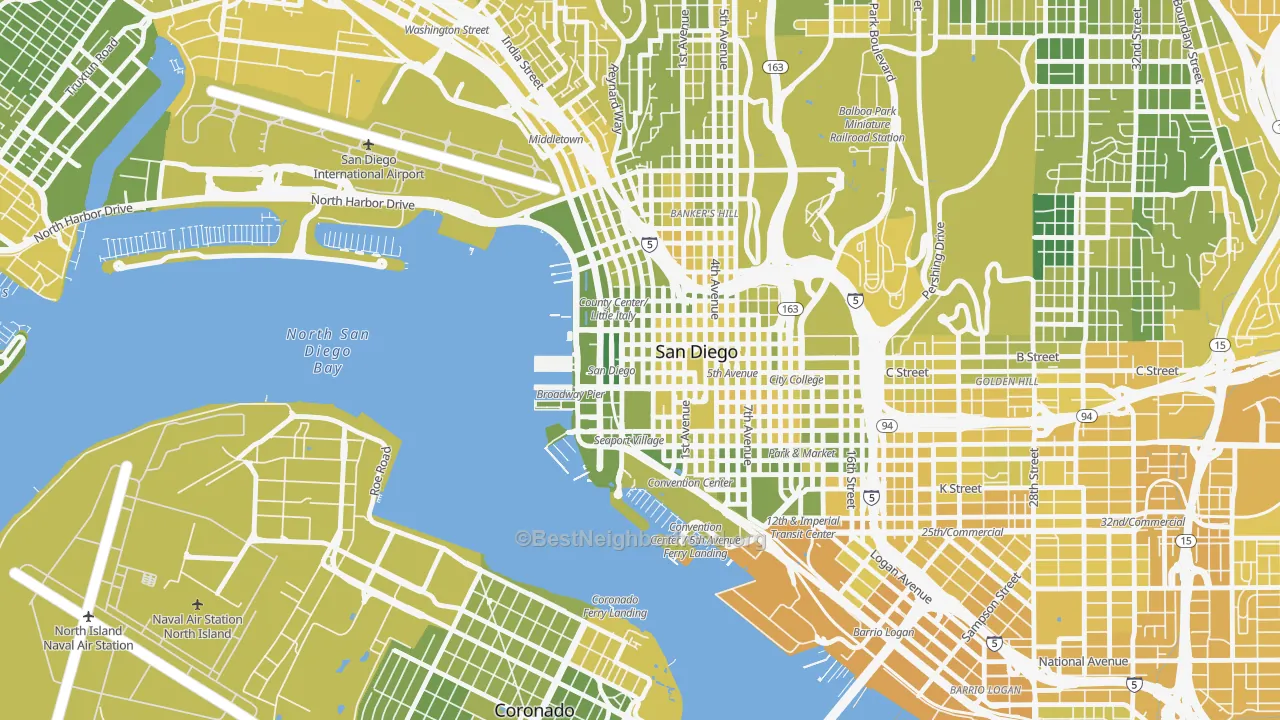 Map of the best neighborhoods in the Columbia San Diego, San Diego area, with better matches in green and worse matches in red