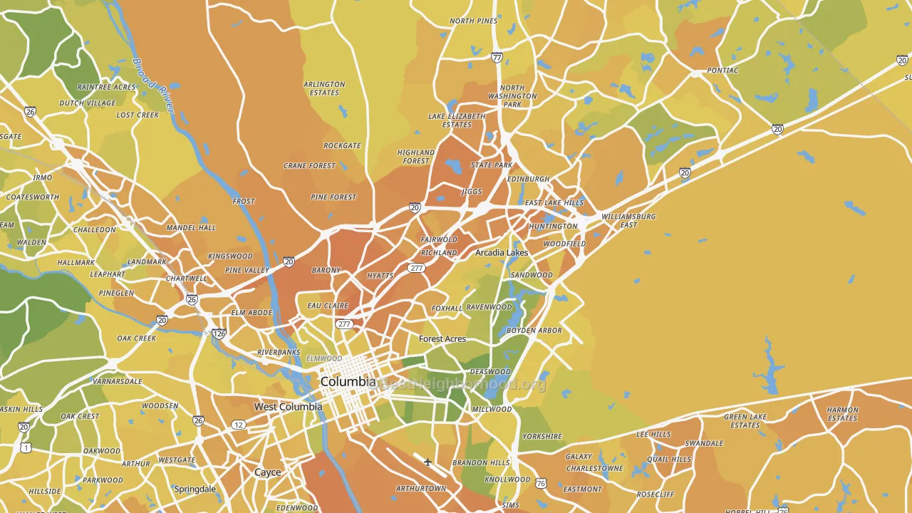Map of the best neighborhoods in the Columbia Metro area, with better matches in green and worse matches in red
