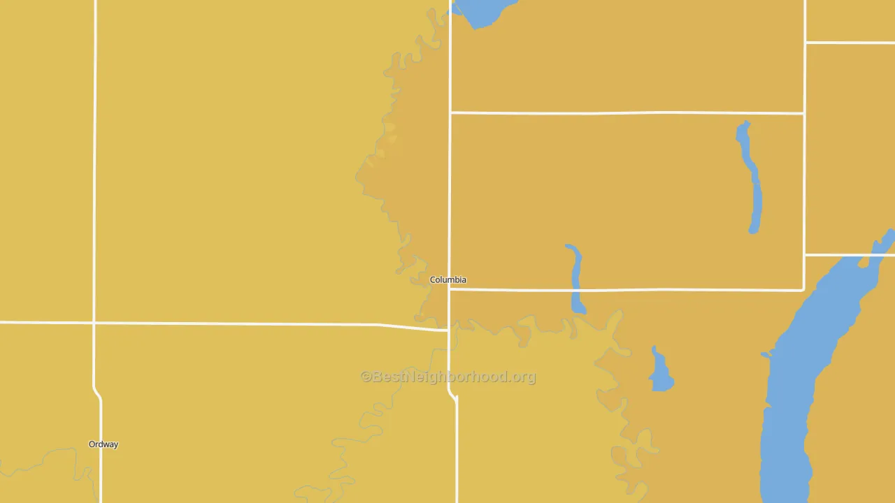 Map of the best neighborhoods in the Columbia area, with better matches in green and worse matches in red