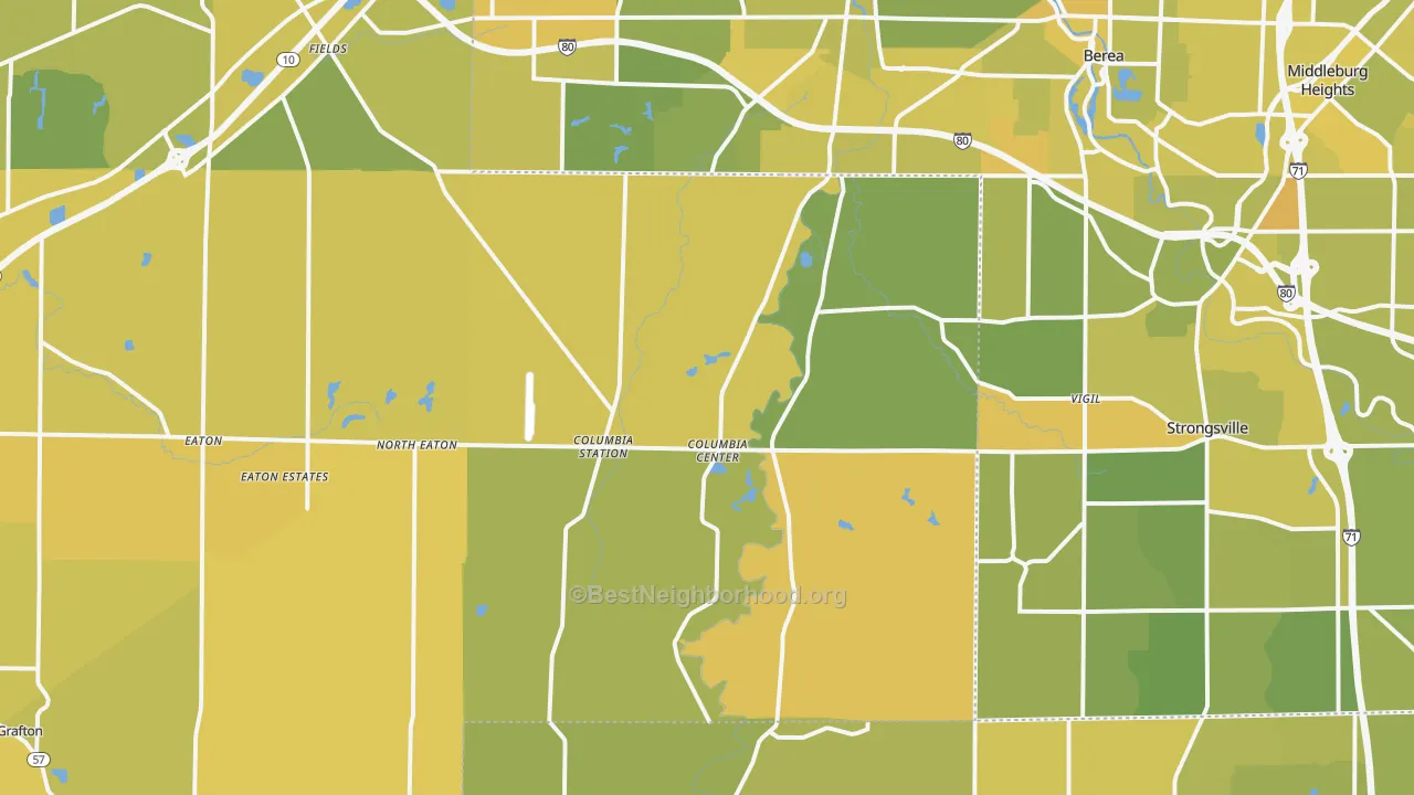 Map of the best neighborhoods in the Columbia Station area, with better matches in green and worse matches in red