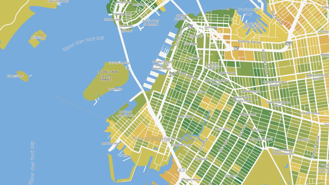 Map of the best neighborhoods in the Columbia Street Waterfront District, Brooklyn area, with better matches in green and worse matches in red