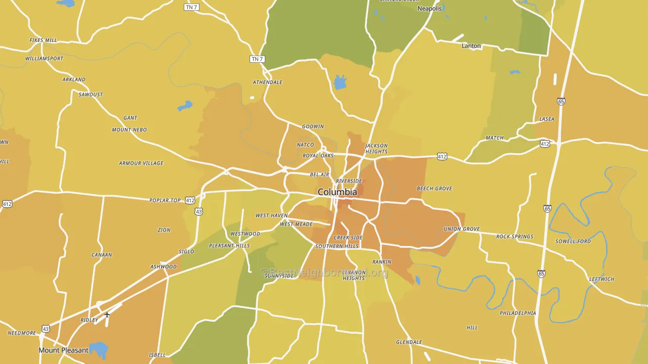 Map of the best neighborhoods in the Columbia area, with better matches in green and worse matches in red