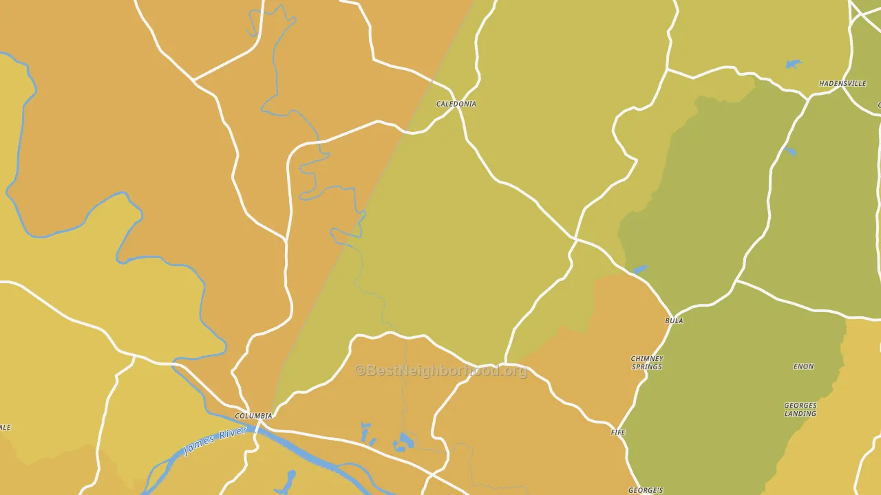 Map of the best neighborhoods in the Columbia area, with better matches in green and worse matches in red
