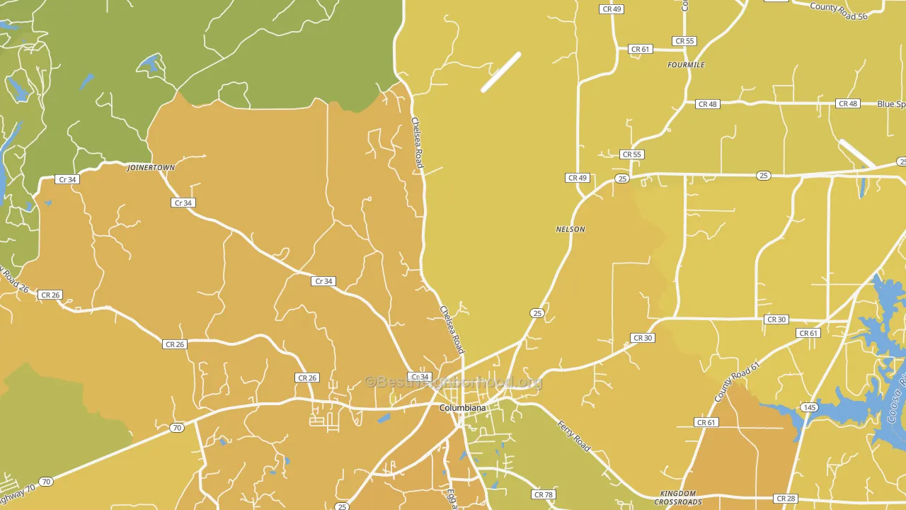 Map of the best neighborhoods in the Columbiana area, with better matches in green and worse matches in red