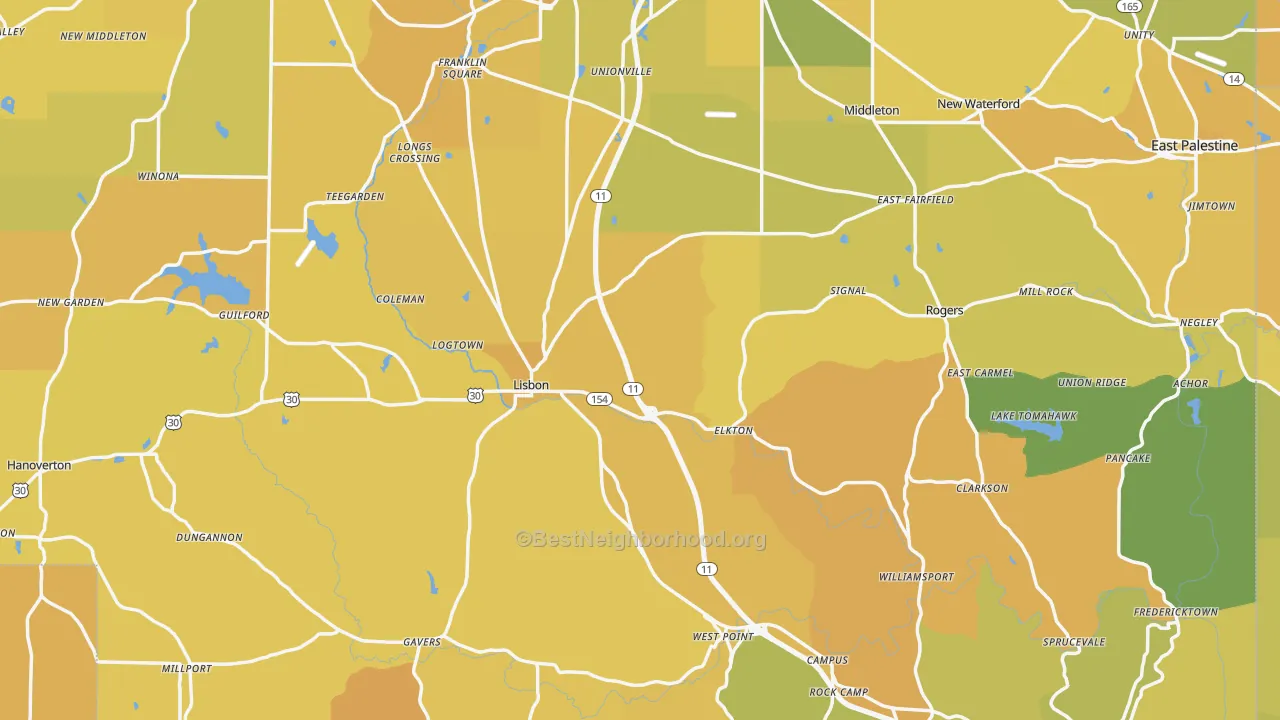 Map of the best neighborhoods in the Columbiana County area, with better matches in green and worse matches in red