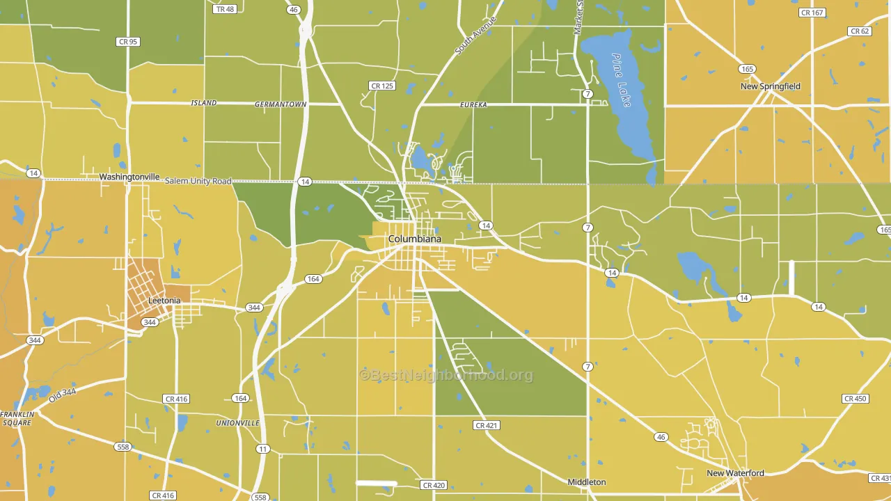 Map of the best neighborhoods in the Columbiana area, with better matches in green and worse matches in red