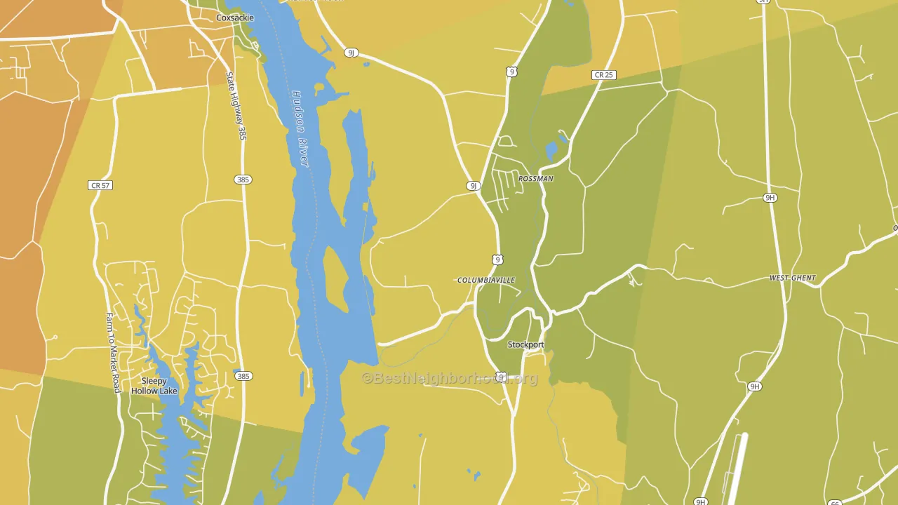 Map of the best neighborhoods in the Columbiaville area, with better matches in green and worse matches in red