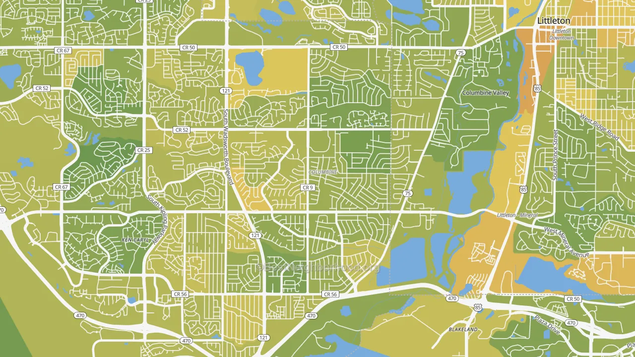 Map of the best neighborhoods in the Columbine area, with better matches in green and worse matches in red