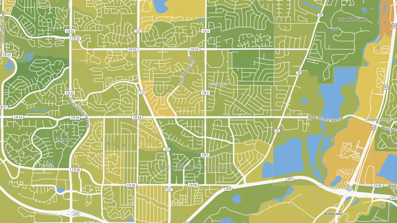 Map of the best neighborhoods in the Columbine Knolls South, Columbine area, with better matches in green and worse matches in red
