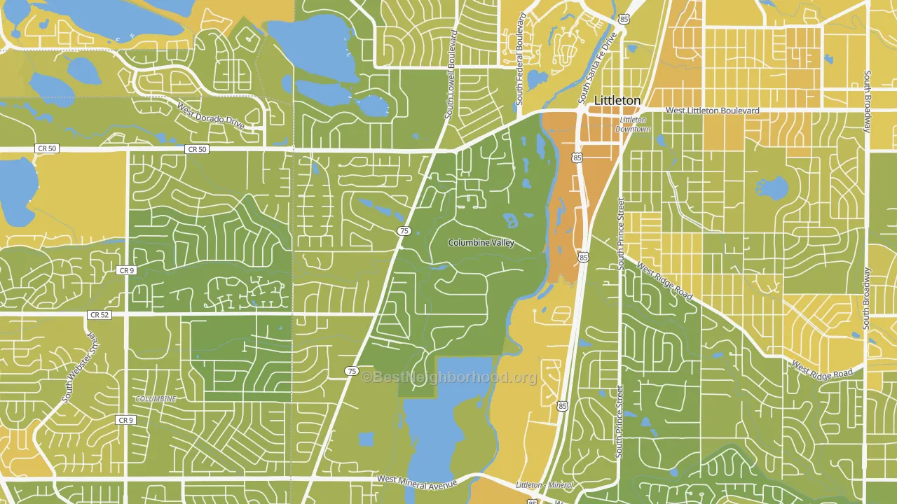 Map of the best neighborhoods in the Columbine Valley area, with better matches in green and worse matches in red
