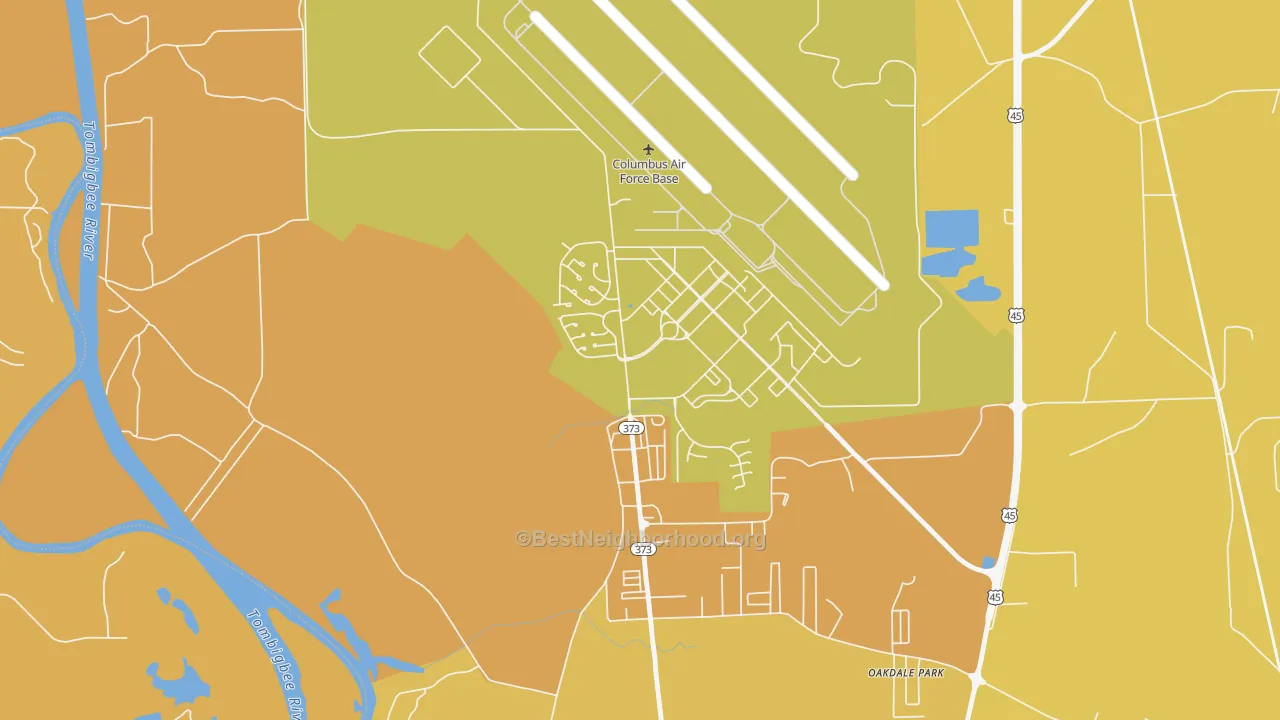 Map of the best neighborhoods in the Columbus AFB area, with better matches in green and worse matches in red
