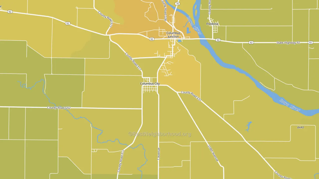 Map of the best neighborhoods in the Columbus City area, with better matches in green and worse matches in red
