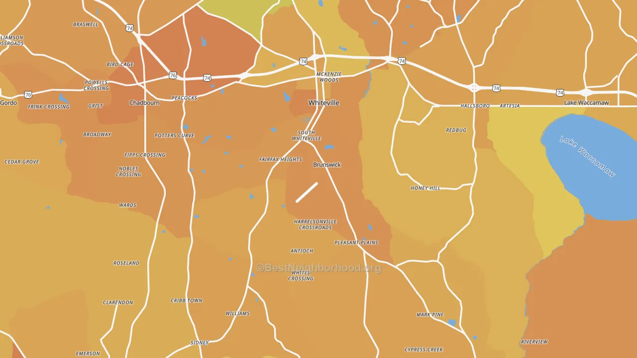 Map of the best neighborhoods in the Columbus County area, with better matches in green and worse matches in red