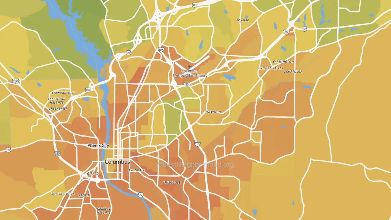Map of the best neighborhoods in the Columbus Metro area, with better matches in green and worse matches in red