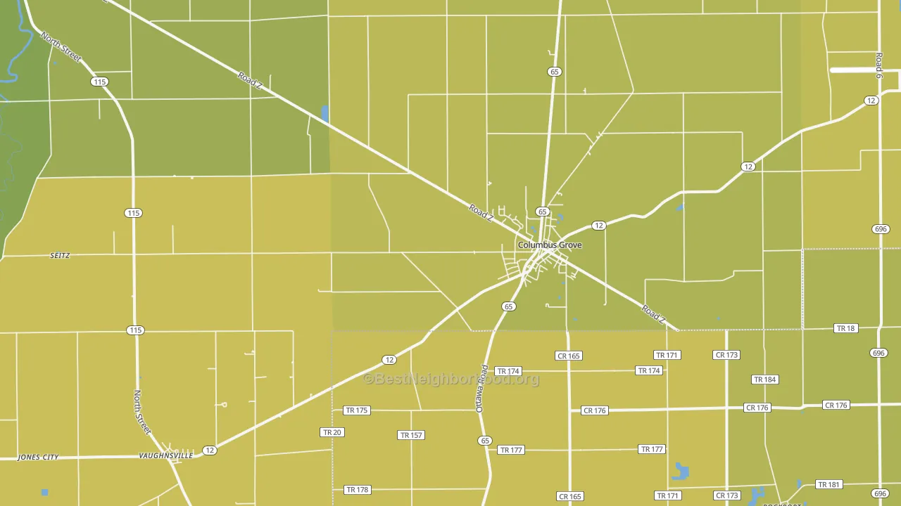 Map of the best neighborhoods in the Columbus Grove area, with better matches in green and worse matches in red