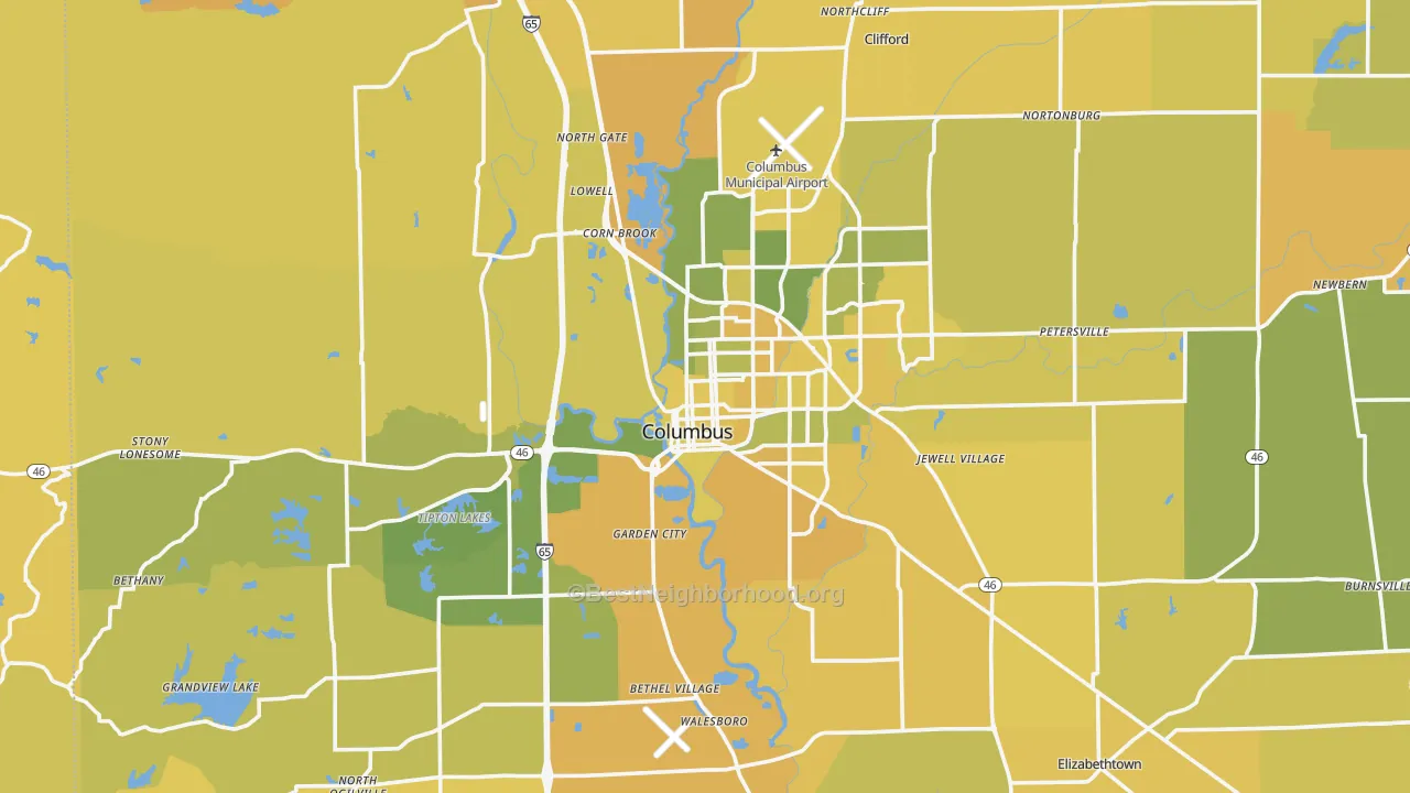 Map of the best neighborhoods in the Columbus Metro area, with better matches in green and worse matches in red