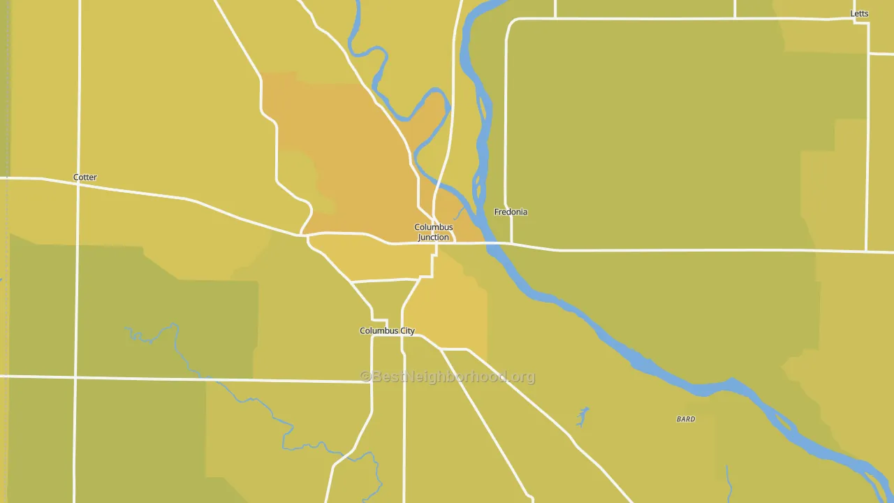 Map of the best neighborhoods in the Columbus Junction area, with better matches in green and worse matches in red