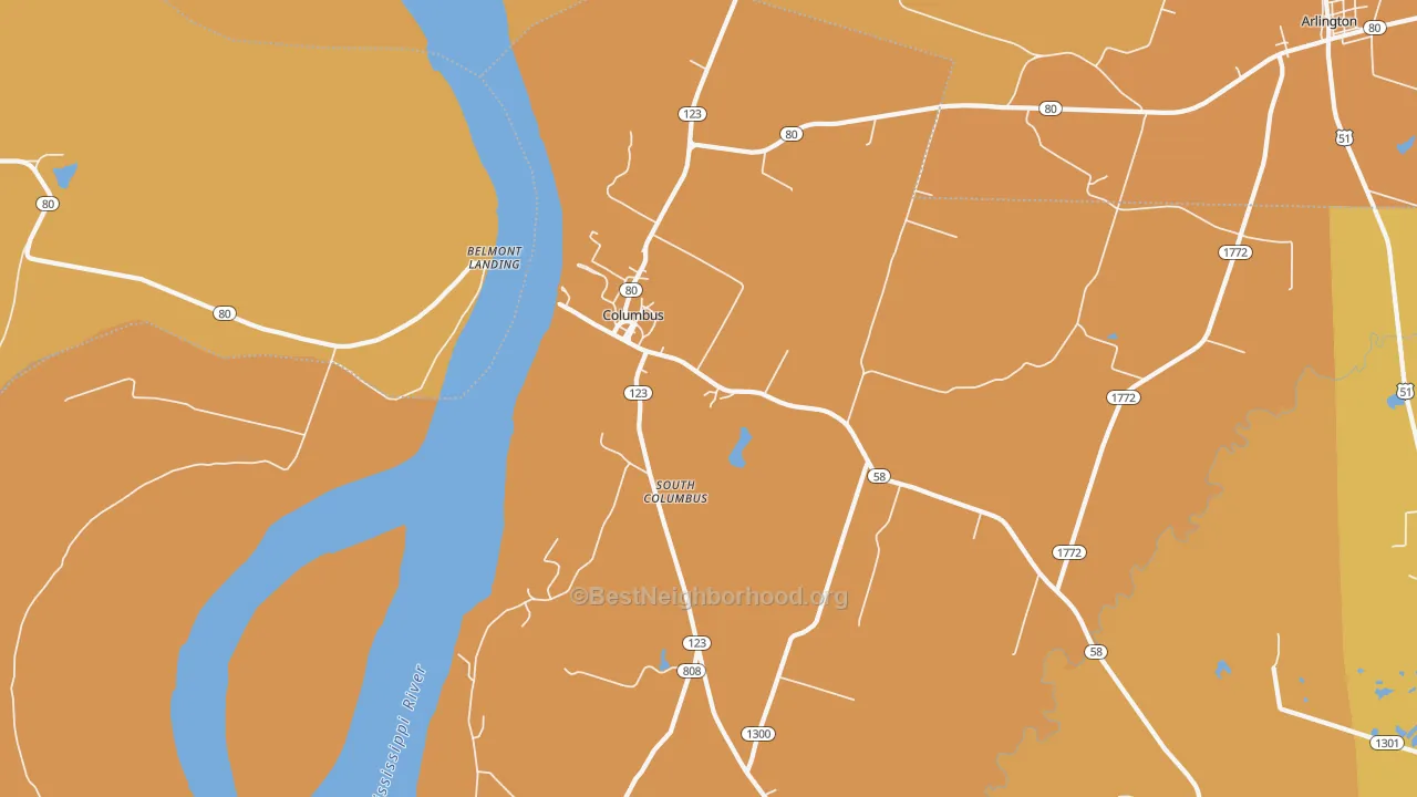 Map of the best neighborhoods in the Columbus area, with better matches in green and worse matches in red