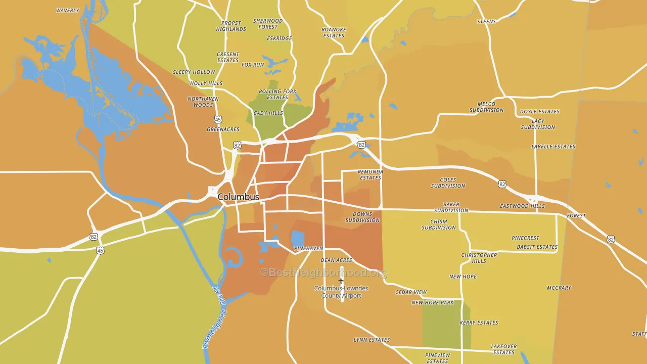 Map of the best neighborhoods in the Columbus area, with better matches in green and worse matches in red