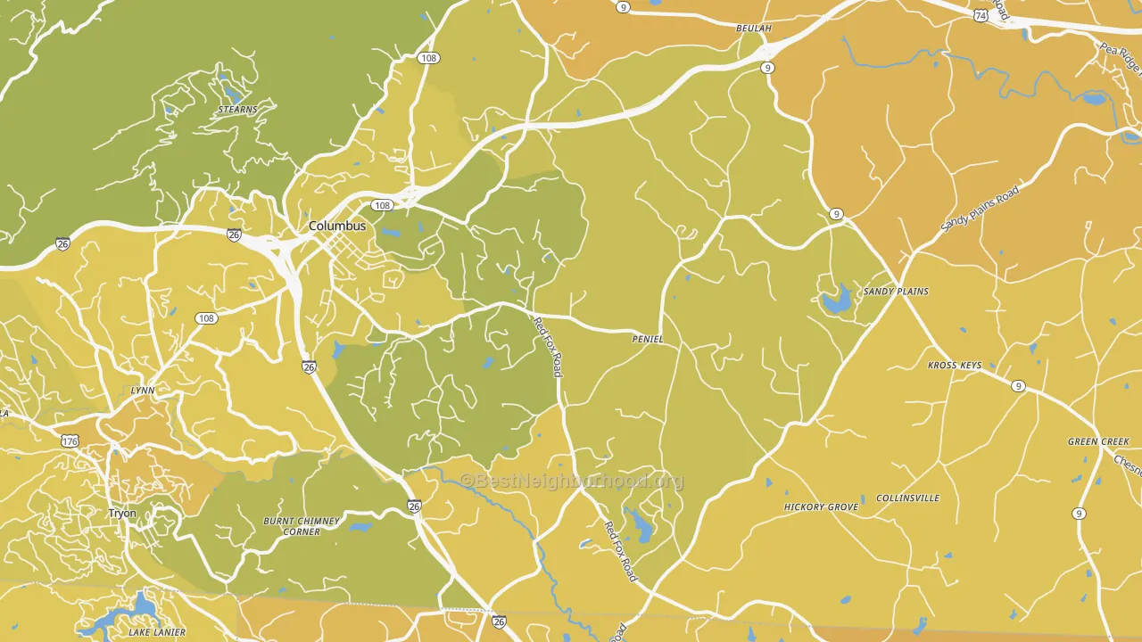 Map of the best neighborhoods in the Columbus area, with better matches in green and worse matches in red