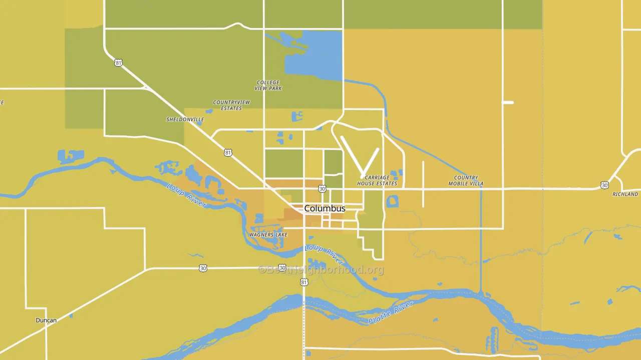 Map of the best neighborhoods in the Columbus area, with better matches in green and worse matches in red