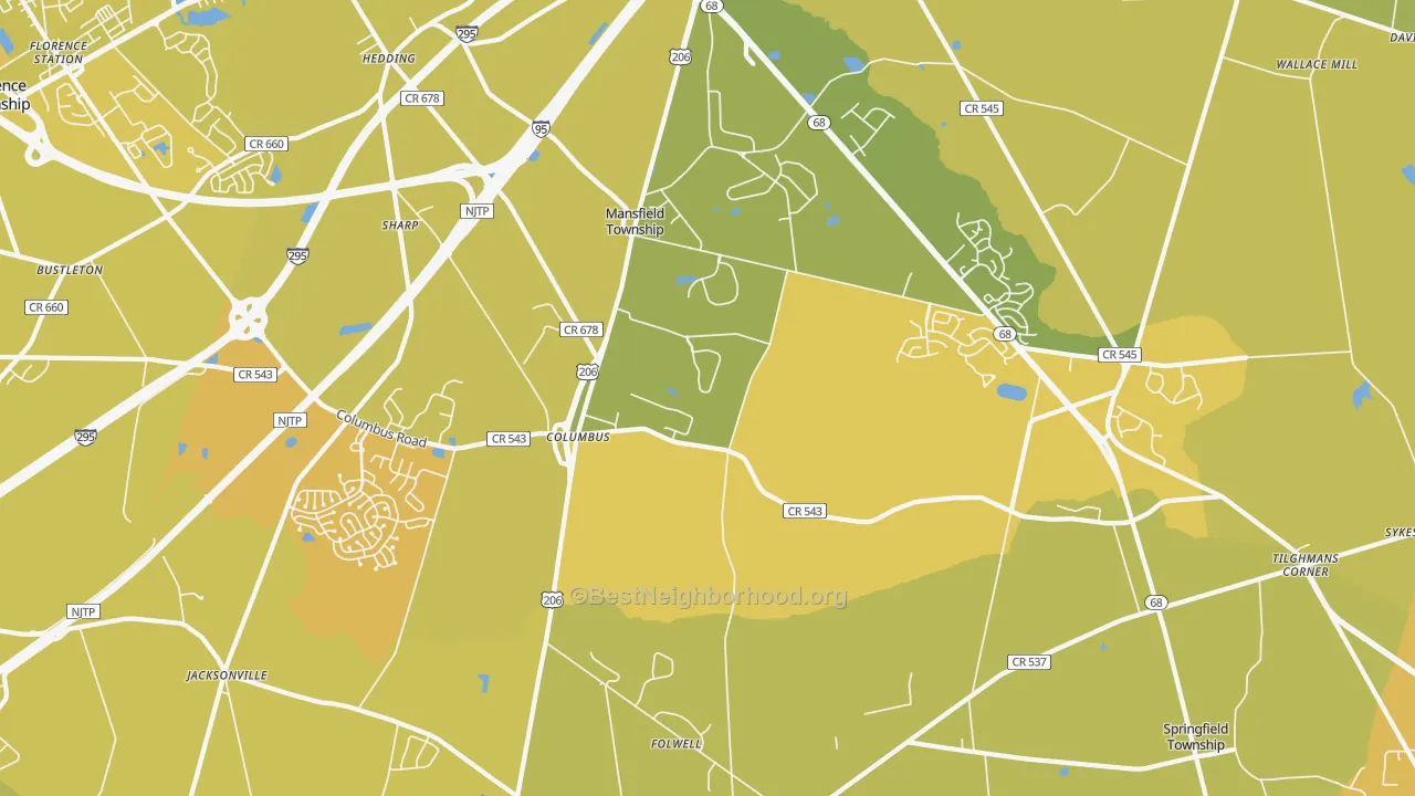 Map of the best neighborhoods in the Columbus area, with better matches in green and worse matches in red
