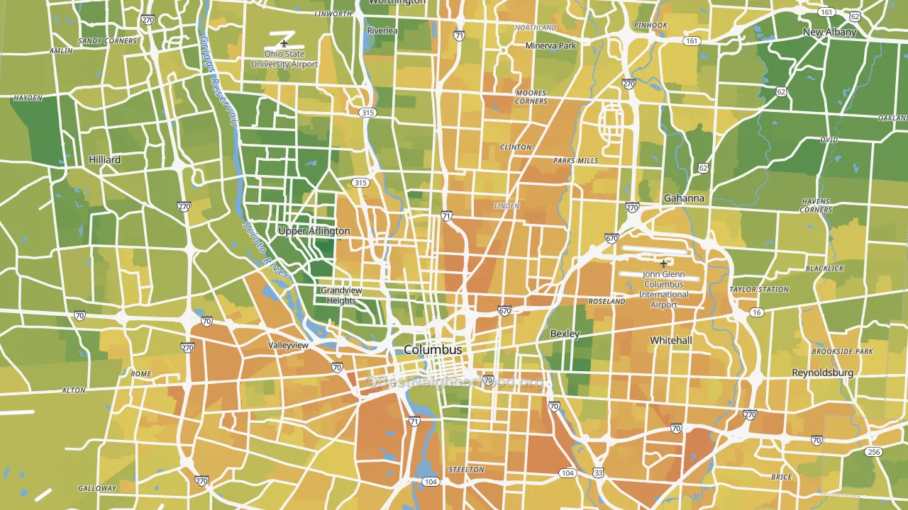 Map of the best neighborhoods in the Columbus Metro area, with better matches in green and worse matches in red